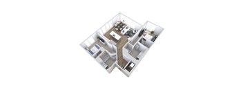 A 3D floor plan of an apartment with a kitchen, living room, two bedrooms, and two bathrooms.