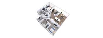 A 3D floor plan of an apartment with two bedrooms, a living room, a kitchen, and two bathroom.