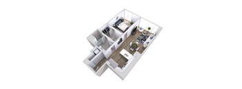 A 3D floor plan of an apartment with a living room, dining room, kitchen, and one bedroom.