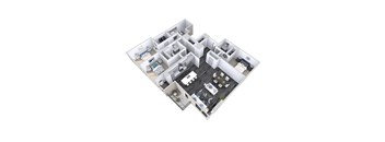 A 3D floor plan of an apartment with a kitchen, dining area, living room, three bedrooms, and bathrooms