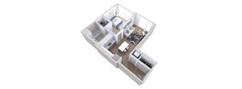 A 3D floor plan of an apartment with a bedroom, living room, and kitchen.