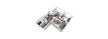 A 3D floor plan of a one-bedroom apartment with a living room, kitchen, and bathroom.
