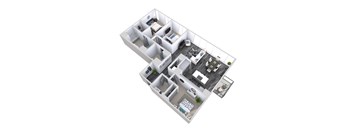 A 3D floor plan of an apartment with a living room, kitchen, and bedrooms.