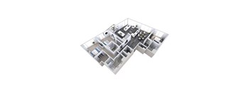 A 3D floor plan of an apartment with a kitchen, dining area, living room, three bedrooms, and three bathrooms