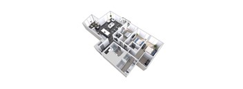A 3D floor plan of an apartment with a kitchen, living room, dining room, three bedrooms, and two bathrooms