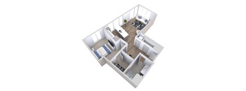 A 3D floorplan of a modern apartment with a kitchen, living room, and one bedroom.