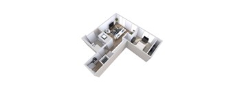 A 3D floor plan of an apartment with a living room, kitchen, and one bedroom.