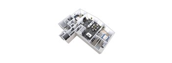 A 3D floor plan of an apartment with a kitchen, living room, and bedrooms.