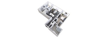 A 3D floor plan of an apartment with a kitchen, living room, dining room, and two bedrooms.