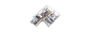 A 3D floor plan of an apartment with a living room, kitchen, and one bedrooms.