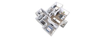 A 3D floor plan of an apartment with a kitchen, living room, and two bedrooms.