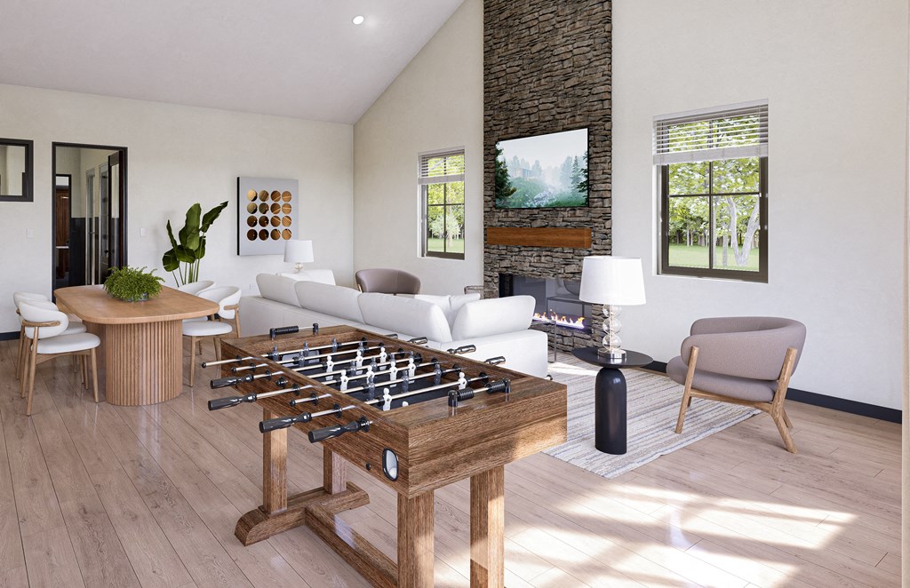 a living room with a couch and a table with a chessboard