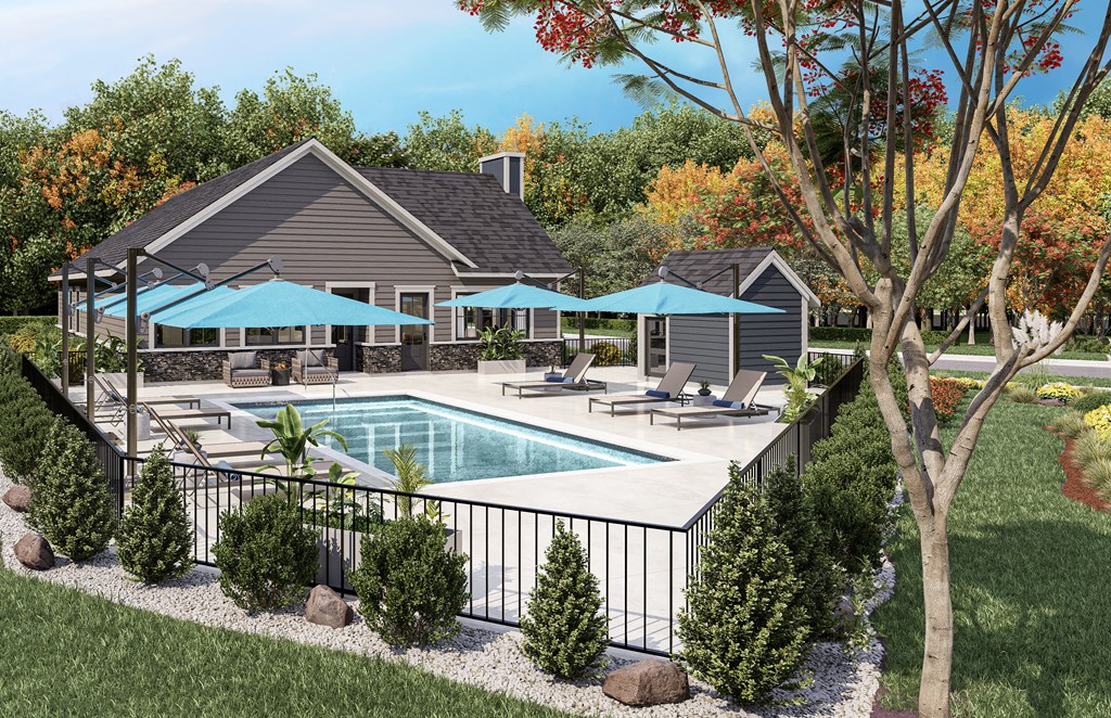a backyard with a pool and a patio with umbrellas