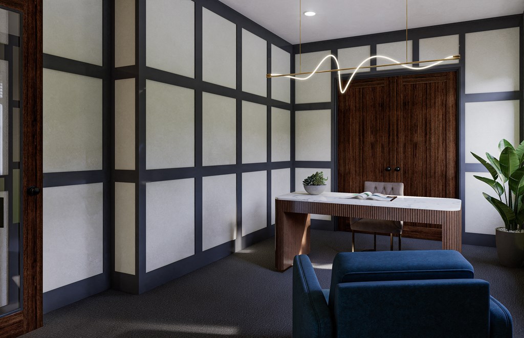a conference room with blue chairs and a wooden table