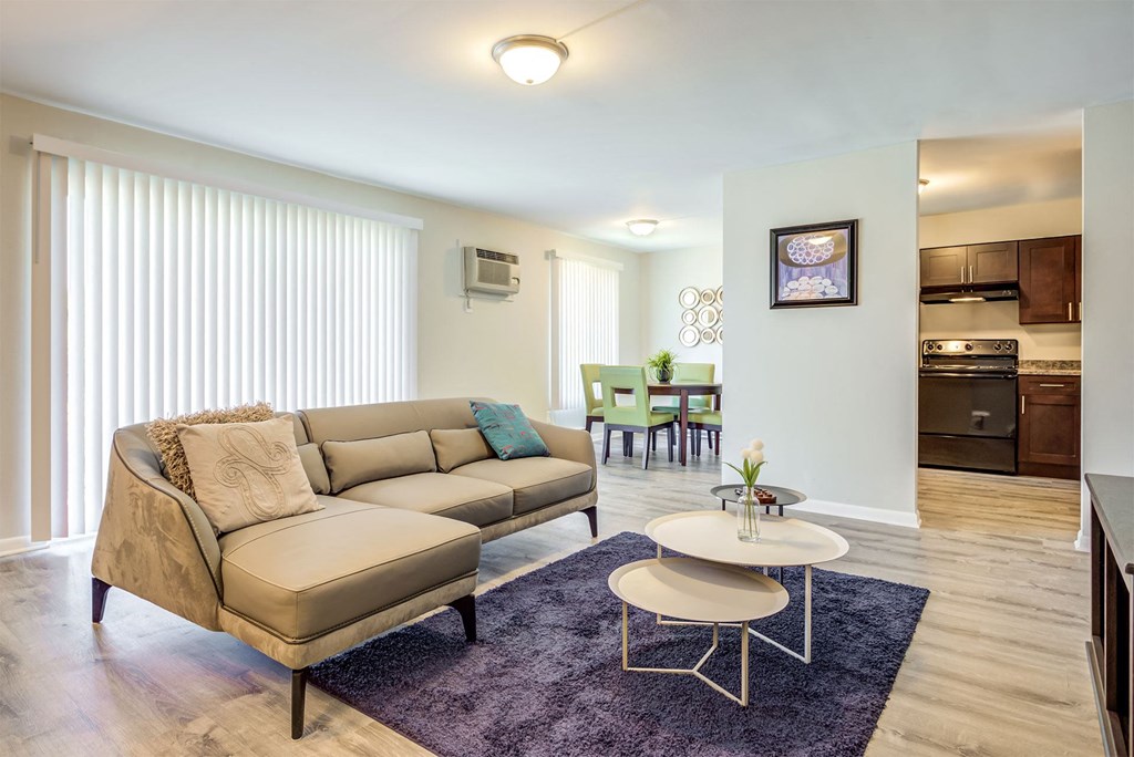 a living room with a couch and a table