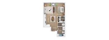 A floor plan of a small apartment with a living room, kitchen, bedroom, bathroom, and walk-in closet.