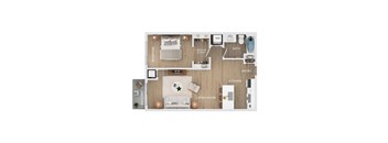 A floor plan of a small apartment with a living room, kitchen, bathroom, and bedroom.