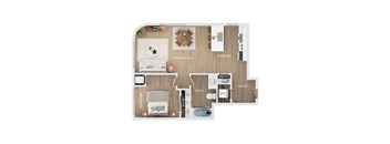 A floor plan of a small apartment with a living room, kitchen, bathroom, bedroom, and entry.