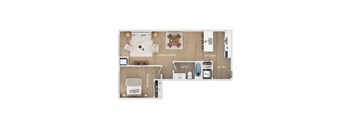 A floor plan of a small apartment with a living room, kitchen, bathroom, and bedroom.