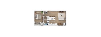 A floorplan of an apartments with a kitchen, living room, bathroom, and bedroom.