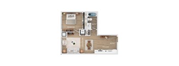 A floor plan of an apartment showing a bedroom, living room, kitchen, and bathroom.