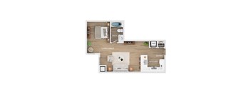 A floor plan of an apartment with a kitchen, bathroom, bedroom, and living room.
