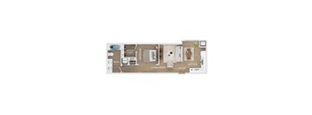 A floor plan of a small apartment with a living room, kitchen, bedroom, and bathroom.