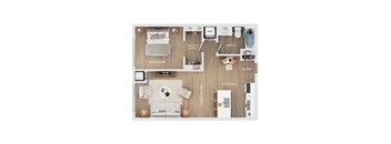 A floor plan of an apartment showing a bedroom, living room, kitchen, bathroom, and closet.