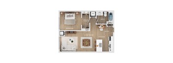 A floor plan of an apartment showing a living room, kitchen, bedroom, and bathroom.