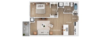 A floor plan of a house showing a living room, kitchen, bedroom, bathroom, and balcony.