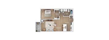 A floor plan of an apartment showing a living room, kitchen, bedroom, bathroom, and closet.