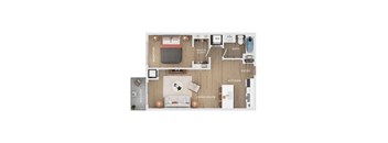 A floor plan of a small apartment with a living room, kitchen, bathroom, and bedroom.