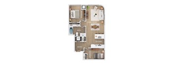 A floor plan of a small apartment with a living room, kitchen, two bedrooms, and bathroom.