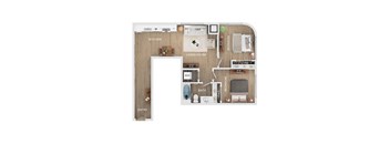 A floor plan of an apartment with a kitchen, living room, two bedrooms, and bathroom.
