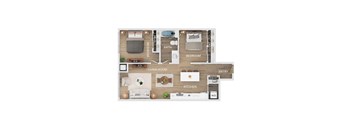 A floor plan of an apartment showing a living room, kitchen, two bedrooms, a bathroom, and an entry way.
