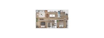 A diagram of an apartment layout with a kitchen, two bathrooms, two living room, and living room.
