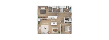 A floor plan of a home with two bedrooms, a living room, a kitchen, and two bathrooms.
