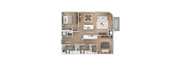 A floor plan of a home with a living room, dining area, kitchen, two bedrooms, two bathrooms, and closets.