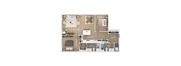 A floor plan of an apartment showing a living room, kitchen, two bedrooms, and two bathrooms.