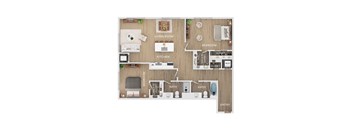 A floor plan of a home showing a living room, kitchen, dining area, two bedrooms, two bathrooms, and closets.