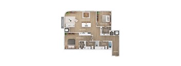 A floor plan of a home showing a living room, kitchen, dining area, two bedrooms, two bathrooms, and a balcony.