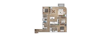 A floor plan of an apartment with three bedrooms, a living room, a kitchen, two bathrooms, and a balcony.