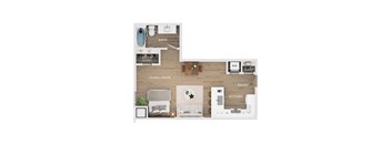A floor plan of a small apartment with a living space, kitchen, bathroom, and walk-in closet.