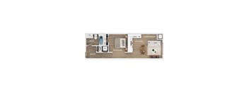 A floor plan of a small apartment with a living space, kitchen, and bathroom.