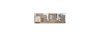 A floor plan of a studio apartment showing a living room, kitchen, bathroom, and bedroom.