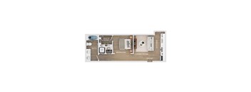 A floor plan of a studio apartment with a living room, kitchen, bedroom, and bathroom.