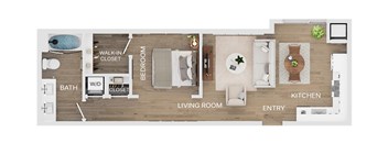 A floor plan of a living space with a bedroom, bathroom, and kitchen.