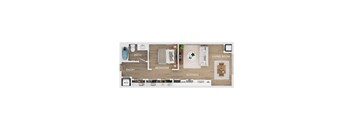 A floor plan of a studio apartment with a living room, kitchen, bedroom, bathroom, and entry.