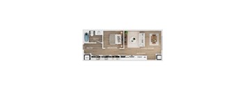 A floor plan of a studio apartment with a bathroom, bedroom, living room, and kitchen.
