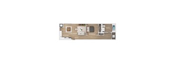 A floor plan of a studio apartment with a kitchen, living room, bedroom and bathroom.